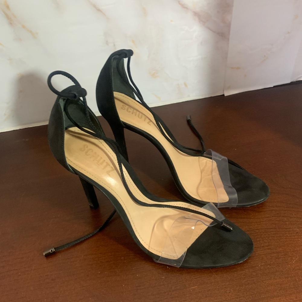 Schultz Jossena Leather & Clear Strap Ankle Wrap Dress Sandals size 8.5 - Picture 2 of 11
